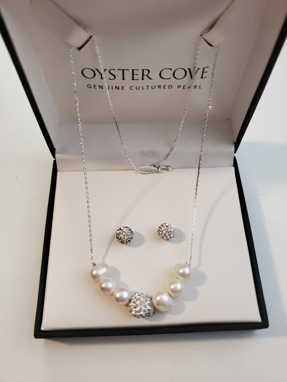Genuine Cultured Pearl and White Stone Necklace & Earring Set - Silver